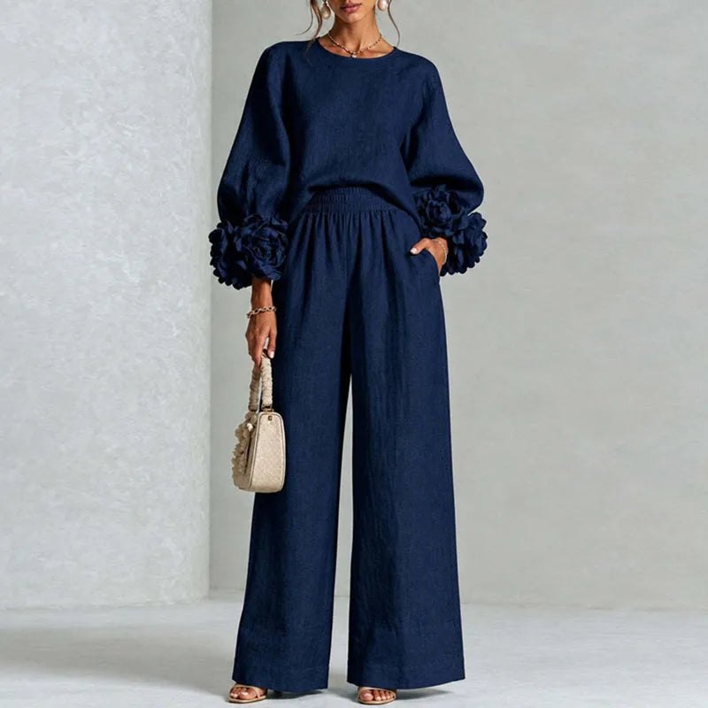 Women 2 Piece Outfit O Neck Puff Long Sleeve Top 3D Floral + Elastic Waist Wide Leg Pants Set