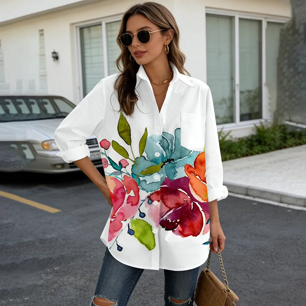 Women's Floral Print Long Sleeve Button Down Shirt,