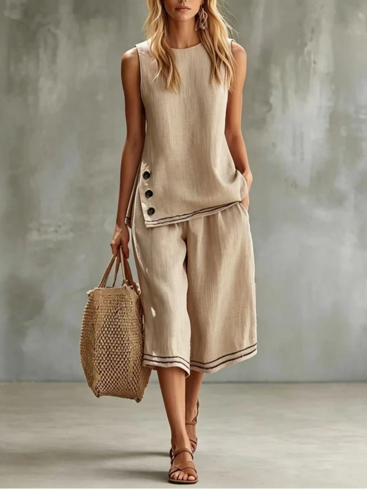 New Women Two-Piece Set Cotton Linen Sleeveless Vest ＆ Capri Wide Leg Pants