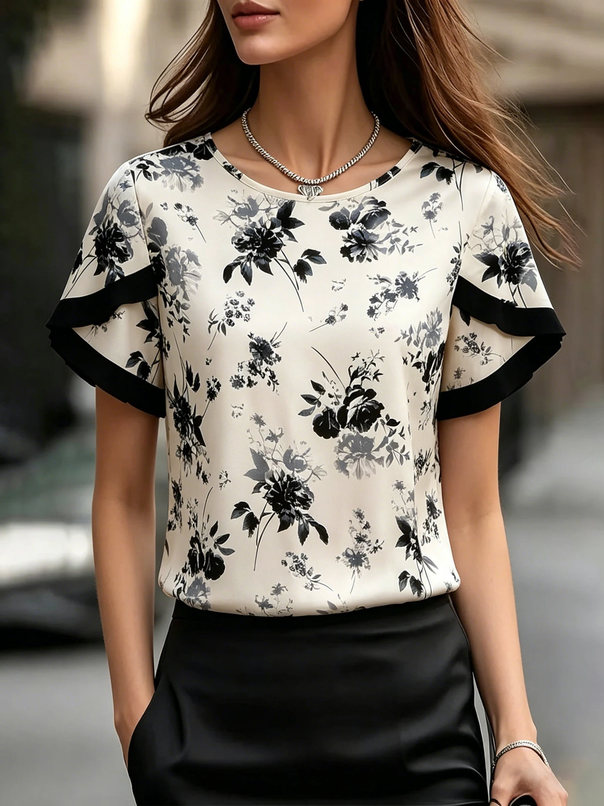 Women Floral Blouse Round Neck Ruffle Sleeve Printed Top T-Shirt