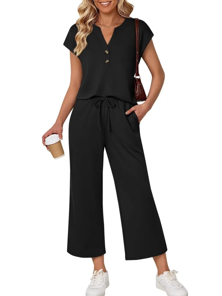 Women 2 Piece Outfit Set V Neck Button Short Sleeve T Shirt Drawstring Wide Leg Capri Pants