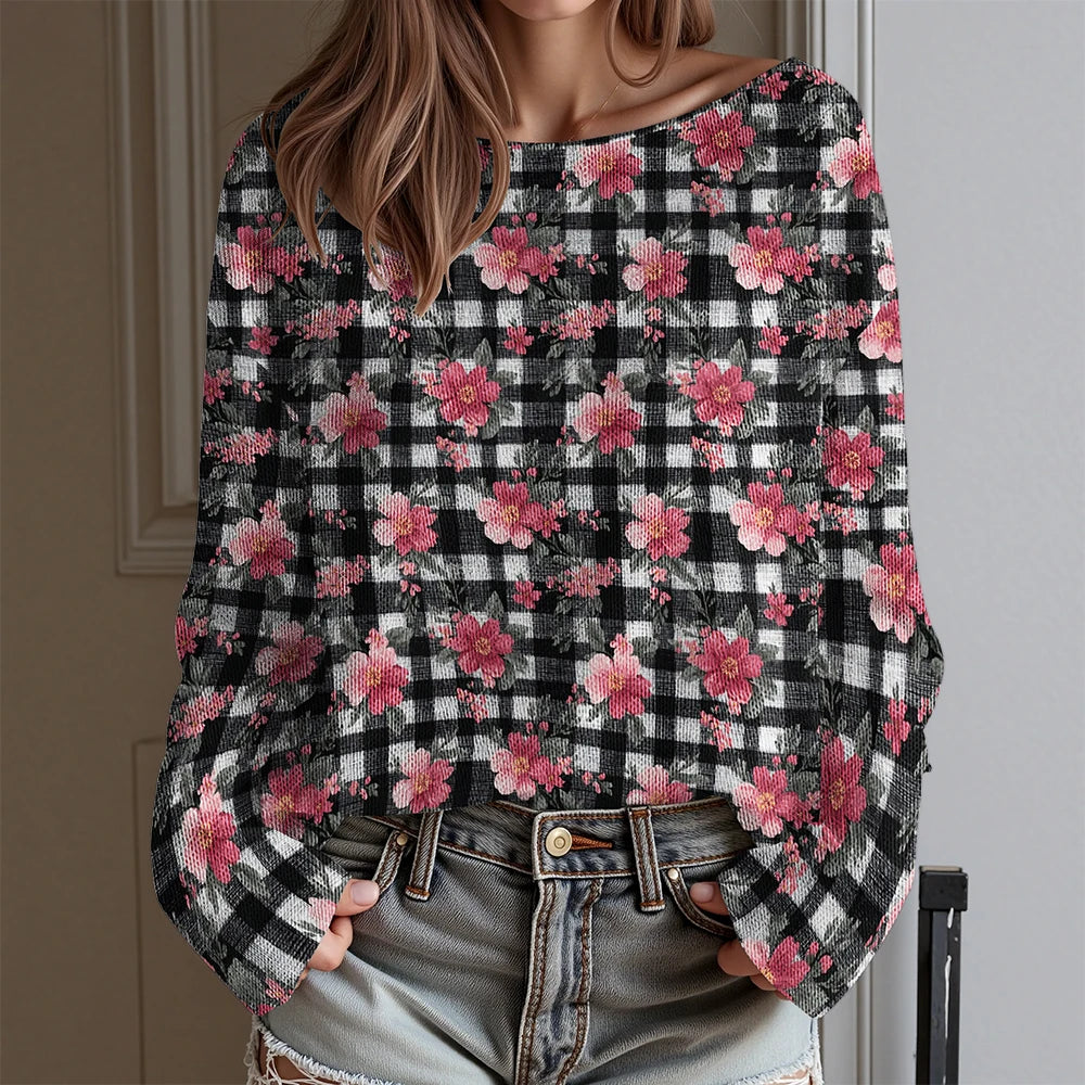 Women's Floral Print Off Shoulder Long Sleeve T-Shirt