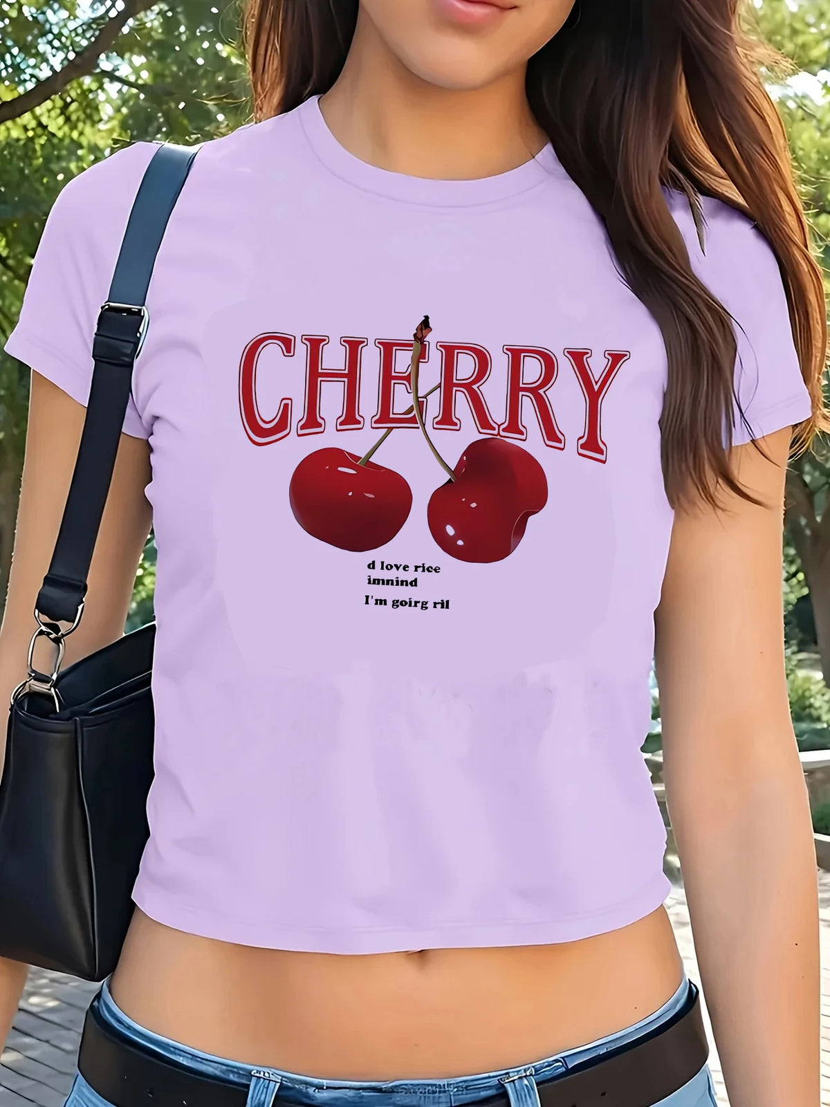 Fashion Cherry Print Crew Neck T-shirt