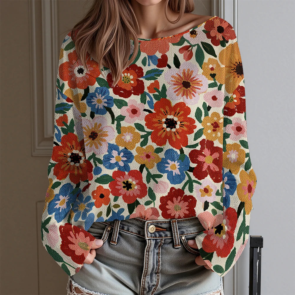 Women's Floral Print Off Shoulder Long Sleeve T-Shirt