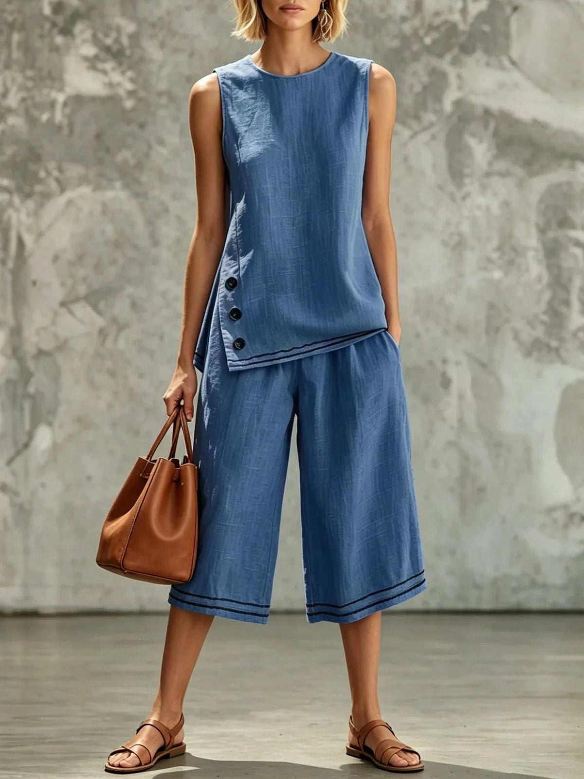 New Women Two-Piece Set Cotton Linen Sleeveless Vest ＆ Capri Wide Leg Pants