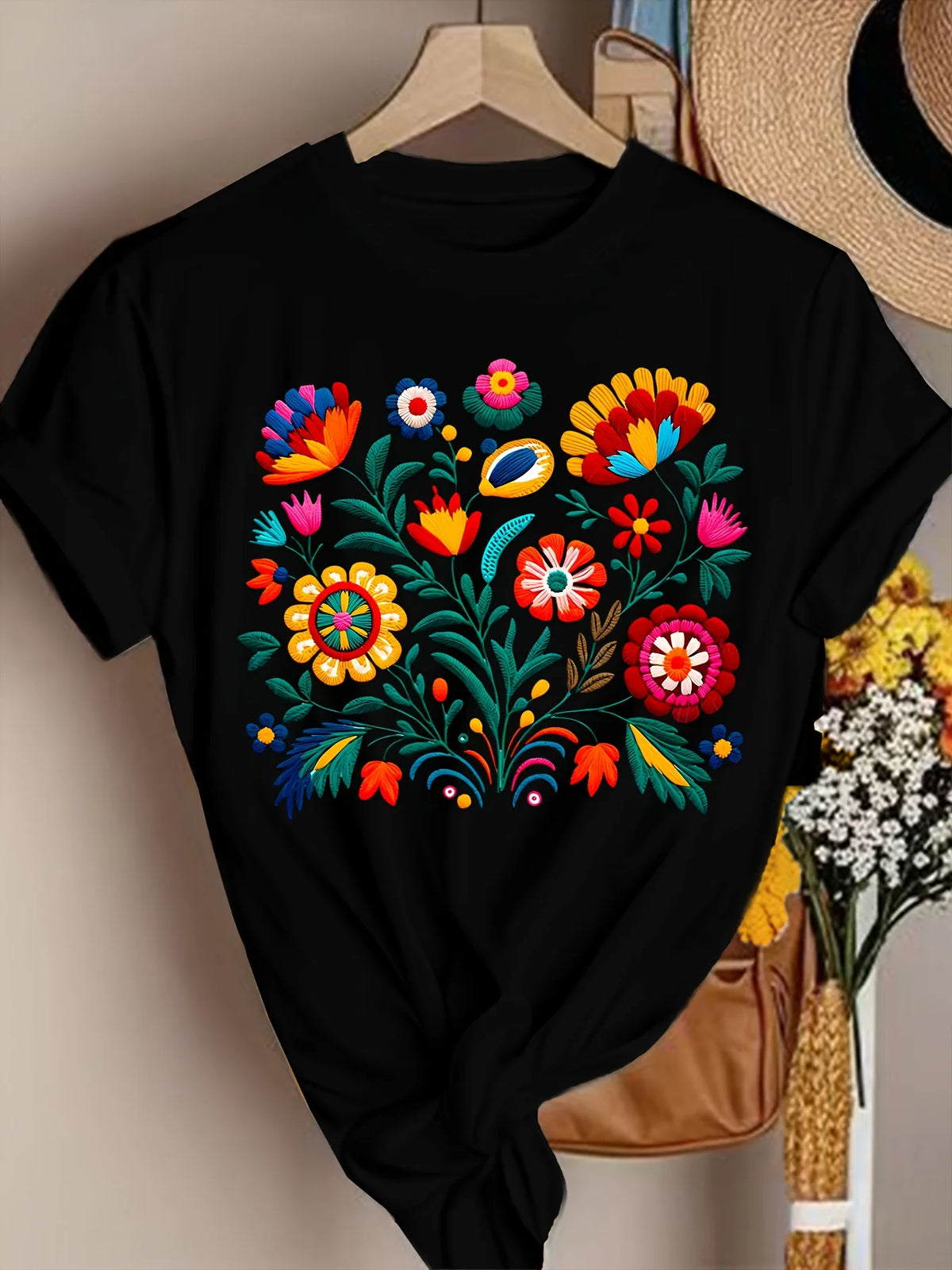 Women's T-shirt Adorned with Mexican Flowers
