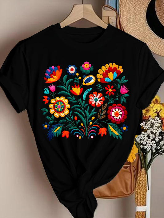 Women's T-shirt Adorned with Mexican Flowers