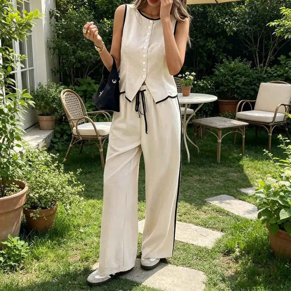 Women Summer 2 Piece Outfits Sleeveless Button Down Vest Wide Leg Pants