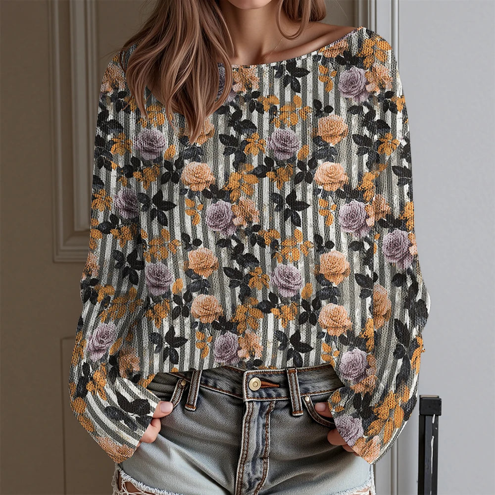 Women's Floral Print Off Shoulder Long Sleeve T-Shirt