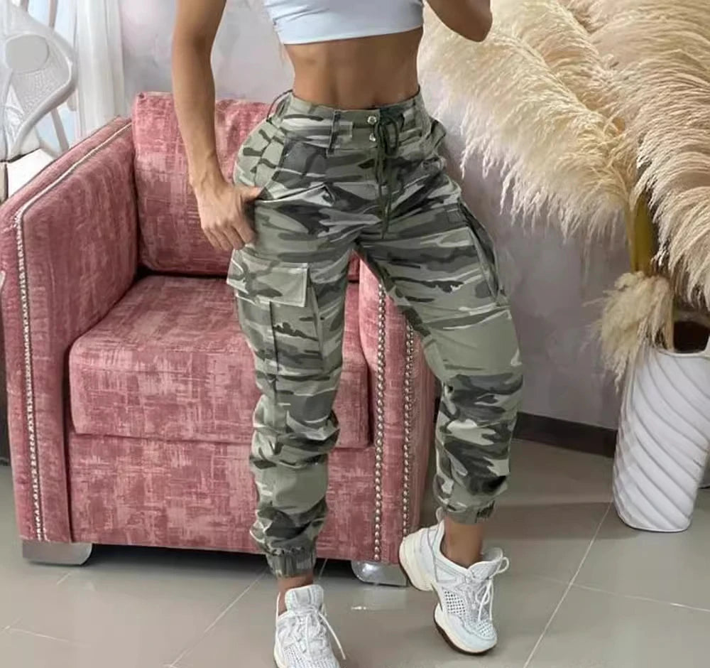 Cargo Pants for Women Camouflage Print Drawstring Pocket