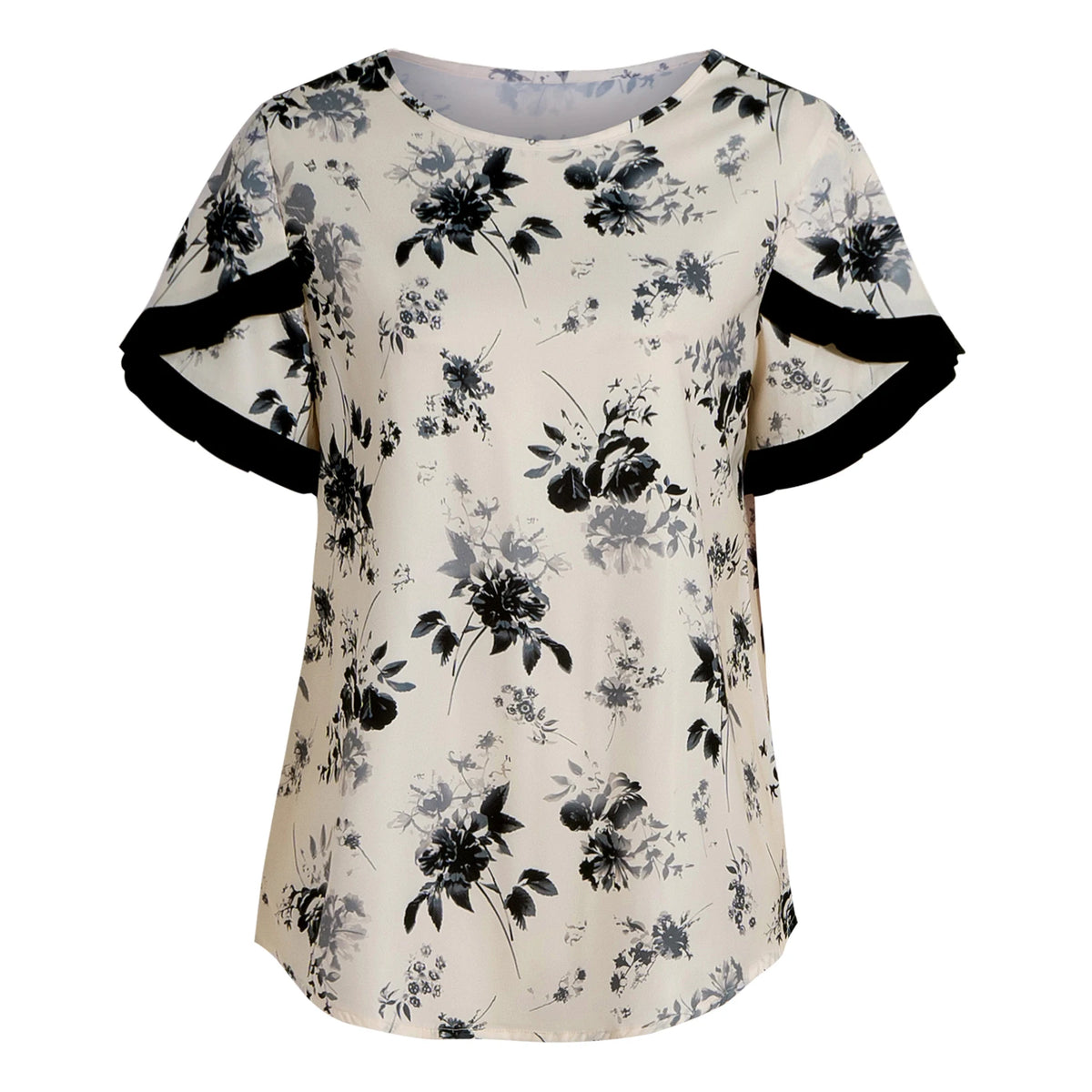 Women Floral Blouse Round Neck Ruffle Sleeve Printed Top T-Shirt