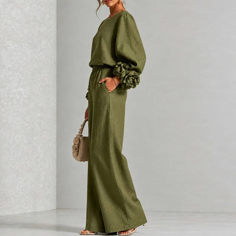 Women 2 Piece Outfit O Neck Puff Long Sleeve Top 3D Floral + Elastic Waist Wide Leg Pants Set