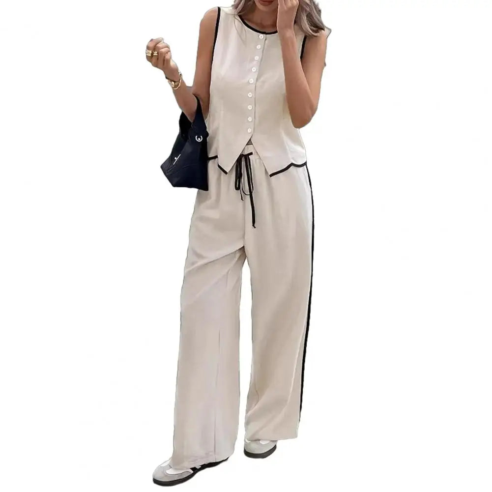 Women Summer 2 Piece Outfits Sleeveless Button Down Vest Wide Leg Pants