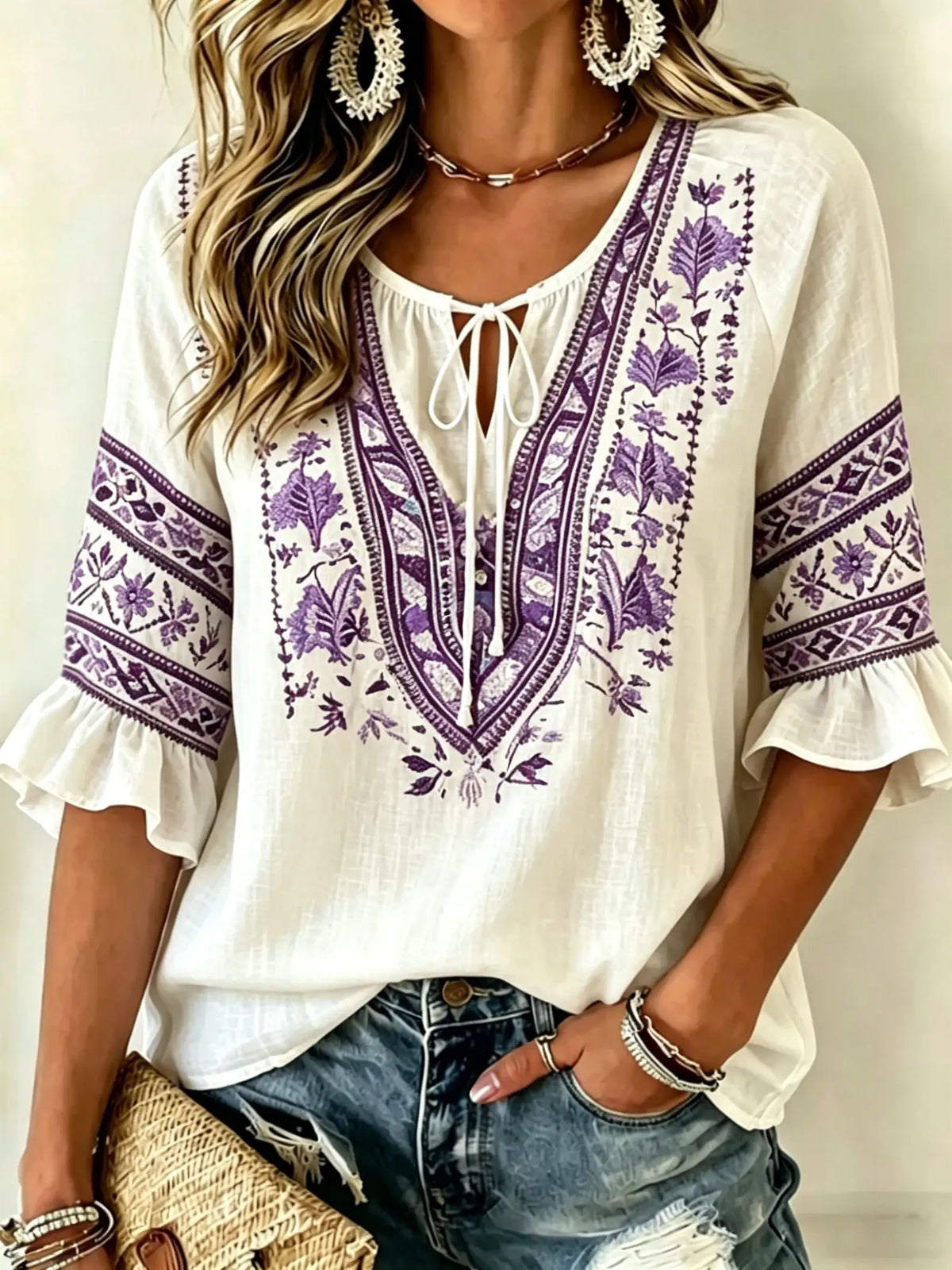 Women's White Floral & Paisley Print Tie Neck Blouse