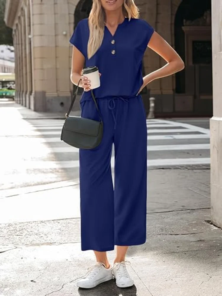 Women 2 Piece Outfit Set V Neck Button Short Sleeve T Shirt Drawstring Wide Leg Capri Pants