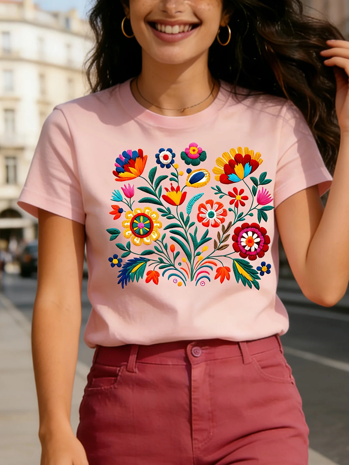Women's T-shirt Adorned with Mexican Flowers