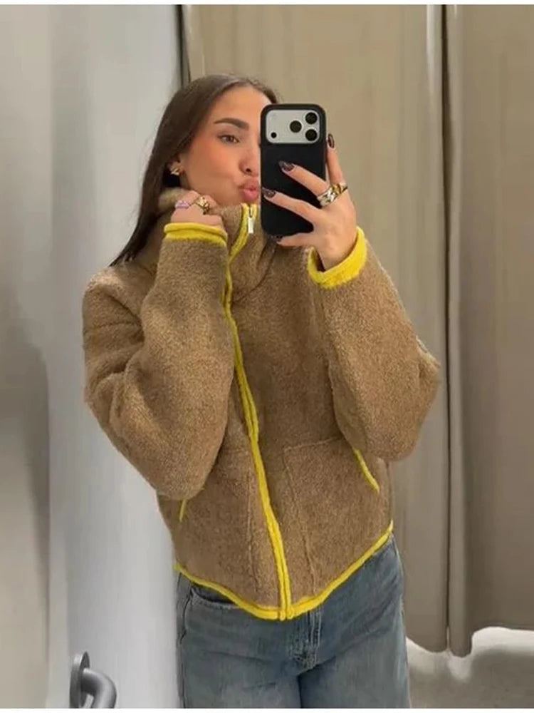 Cozy Women Elegant Blocking Knitted Cropped Cardigan