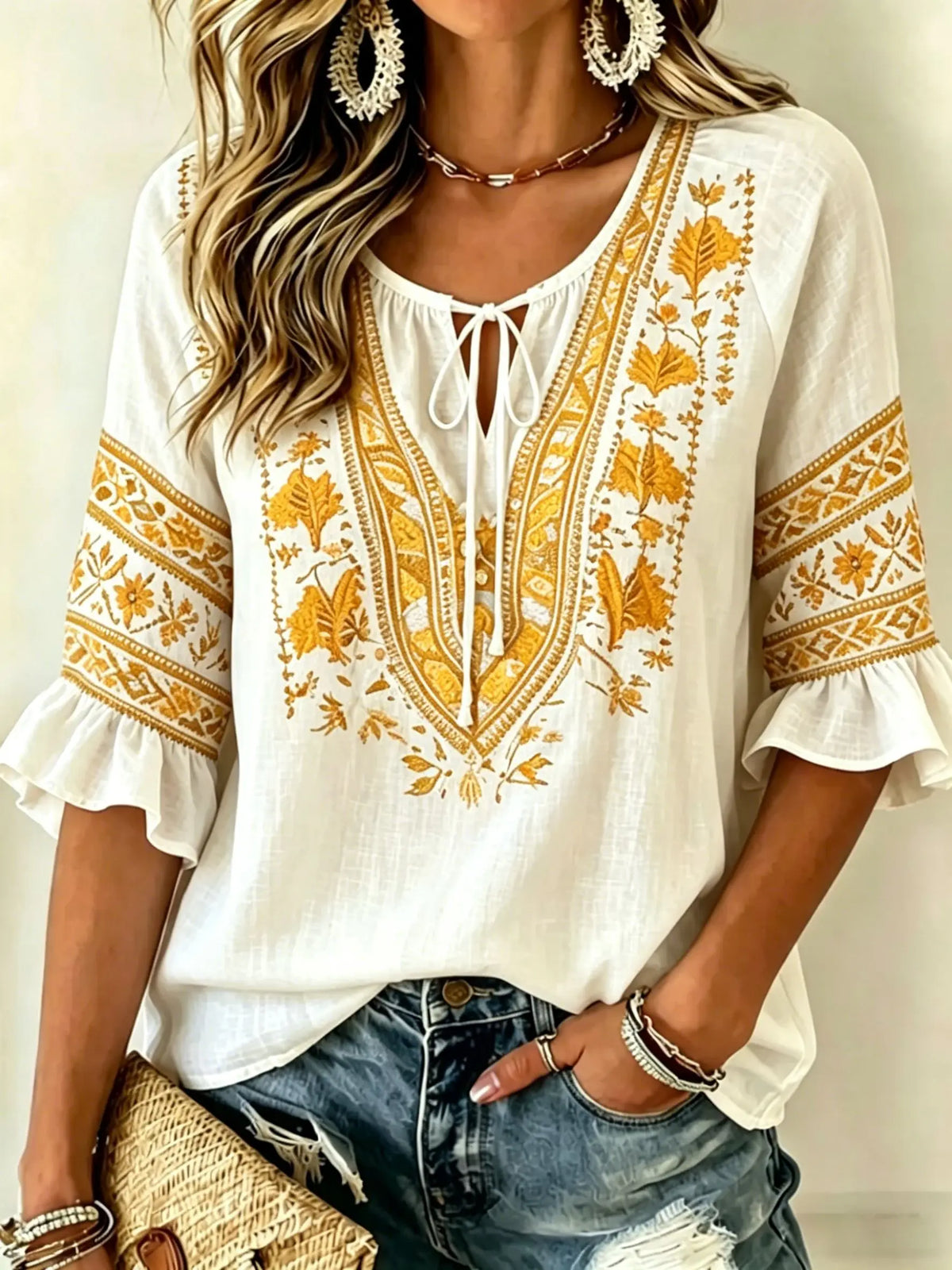 Women's White Floral & Paisley Print Tie Neck Blouse