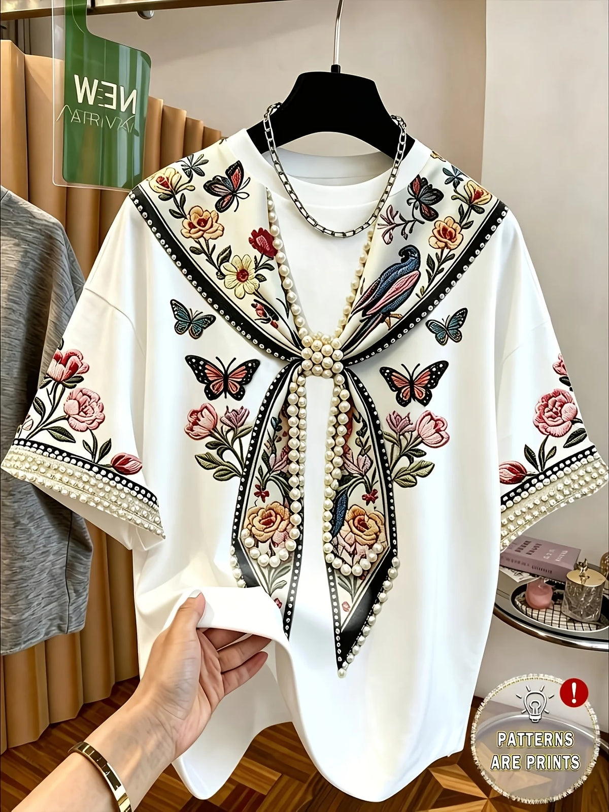 Women's Floral Bird and Butterfly Digital Print Short-Sleeve T-Shirt