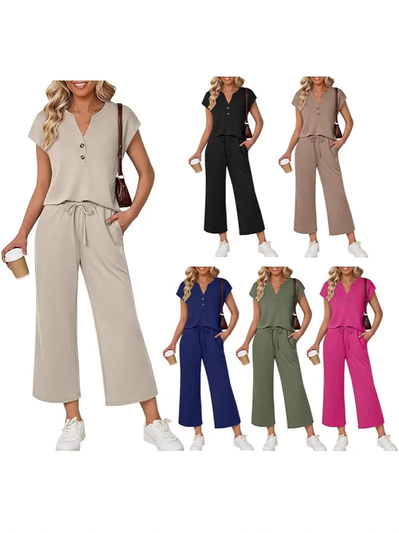 Women 2 Piece Outfit Set V Neck Button Short Sleeve T Shirt Drawstring Wide Leg Capri Pants