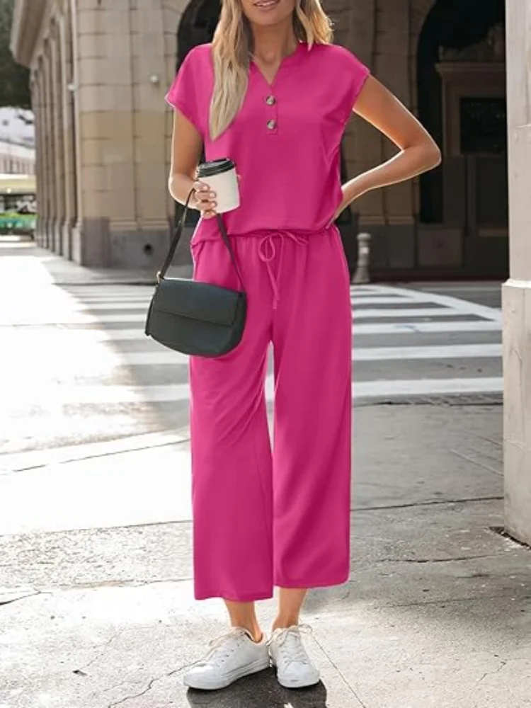 Women 2 Piece Outfit Set V Neck Button Short Sleeve T Shirt Drawstring Wide Leg Capri Pants