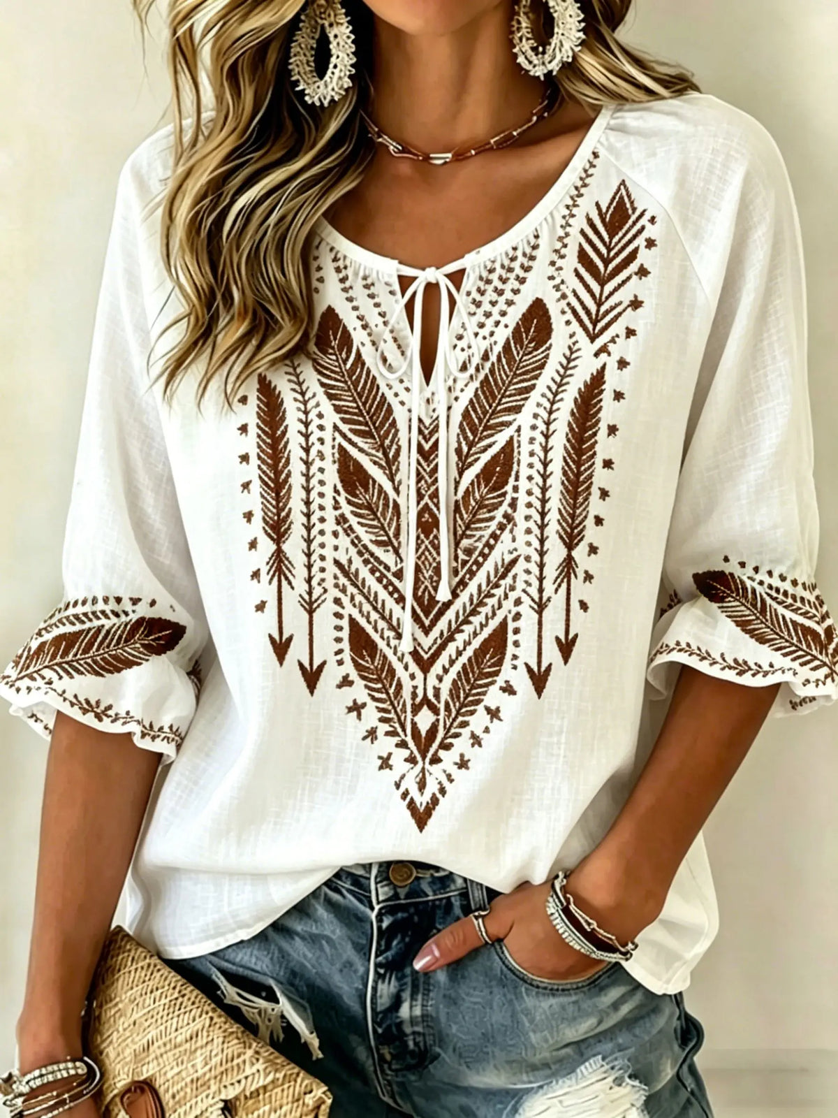 Women's White Floral & Paisley Print Tie Neck Blouse
