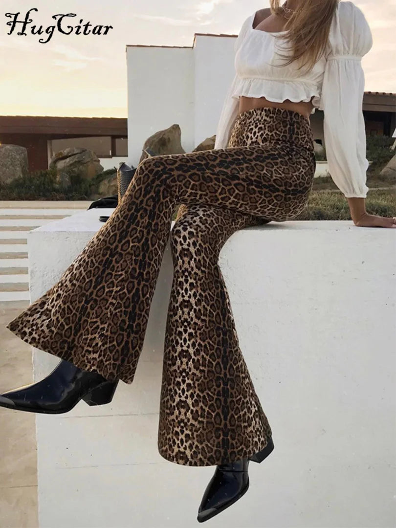 Hugcitar High Waist Leopard Print Flare Leggings