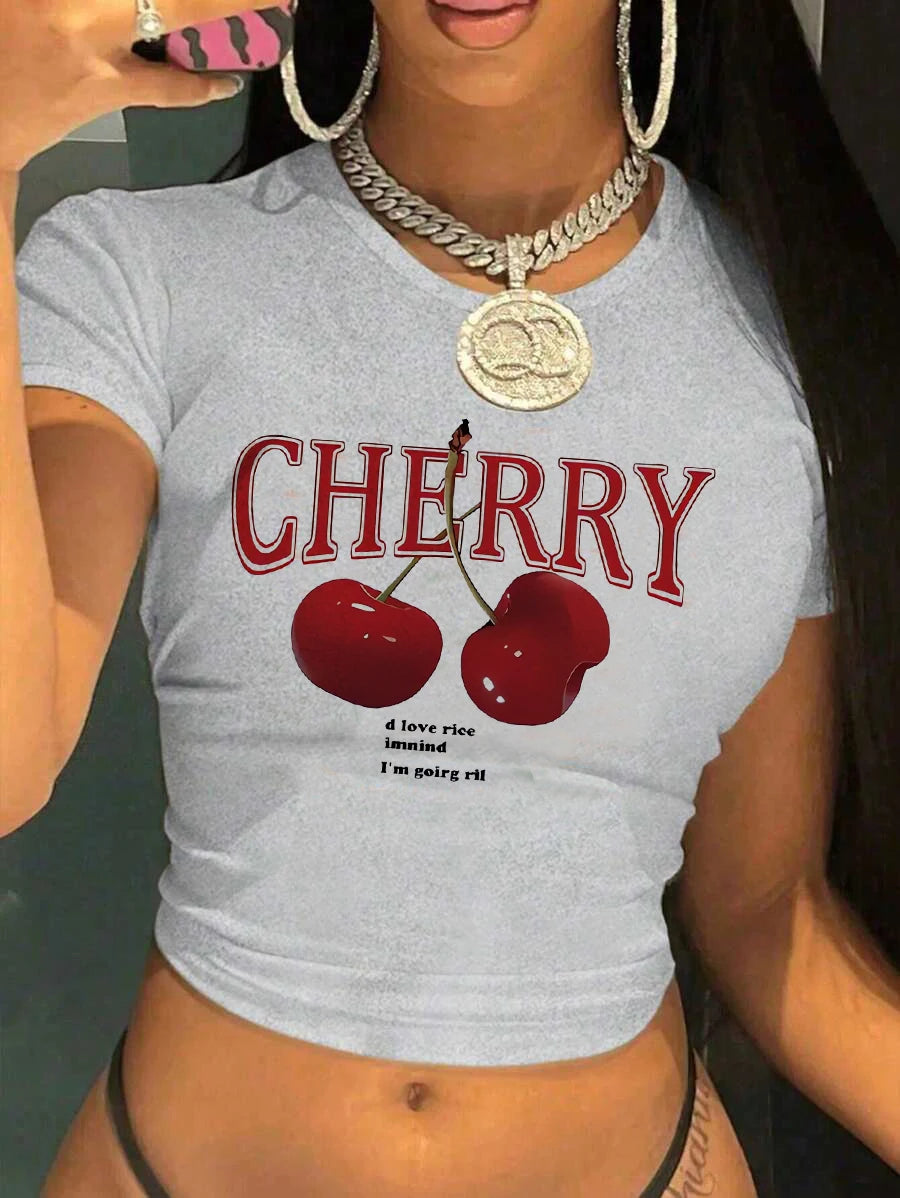 Fashion Cherry Print Crew Neck T-shirt