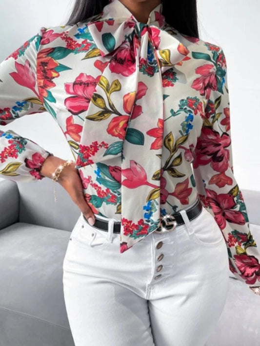Women's Fashion Work Clothes Floral Print Bow Tie Shirt