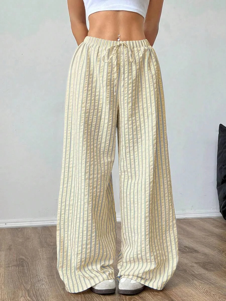 Ladies Casual Striped Ribbed Wide Leg Pants