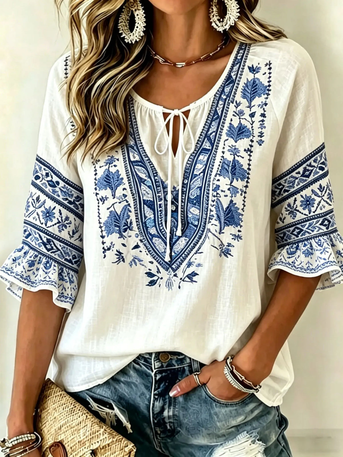 Women's White Floral & Paisley Print Tie Neck Blouse