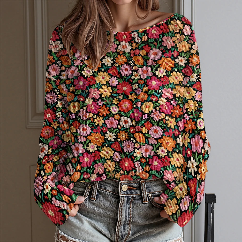 Women's Floral Print Off Shoulder Long Sleeve T-Shirt