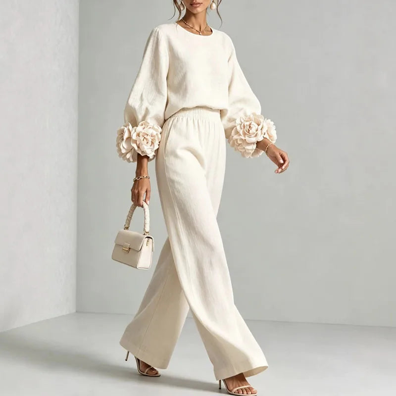 Women 2 Piece Outfit O Neck Puff Long Sleeve Top 3D Floral + Elastic Waist Wide Leg Pants Set