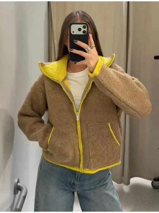 Cozy Women Elegant Blocking Knitted Cropped Cardigan