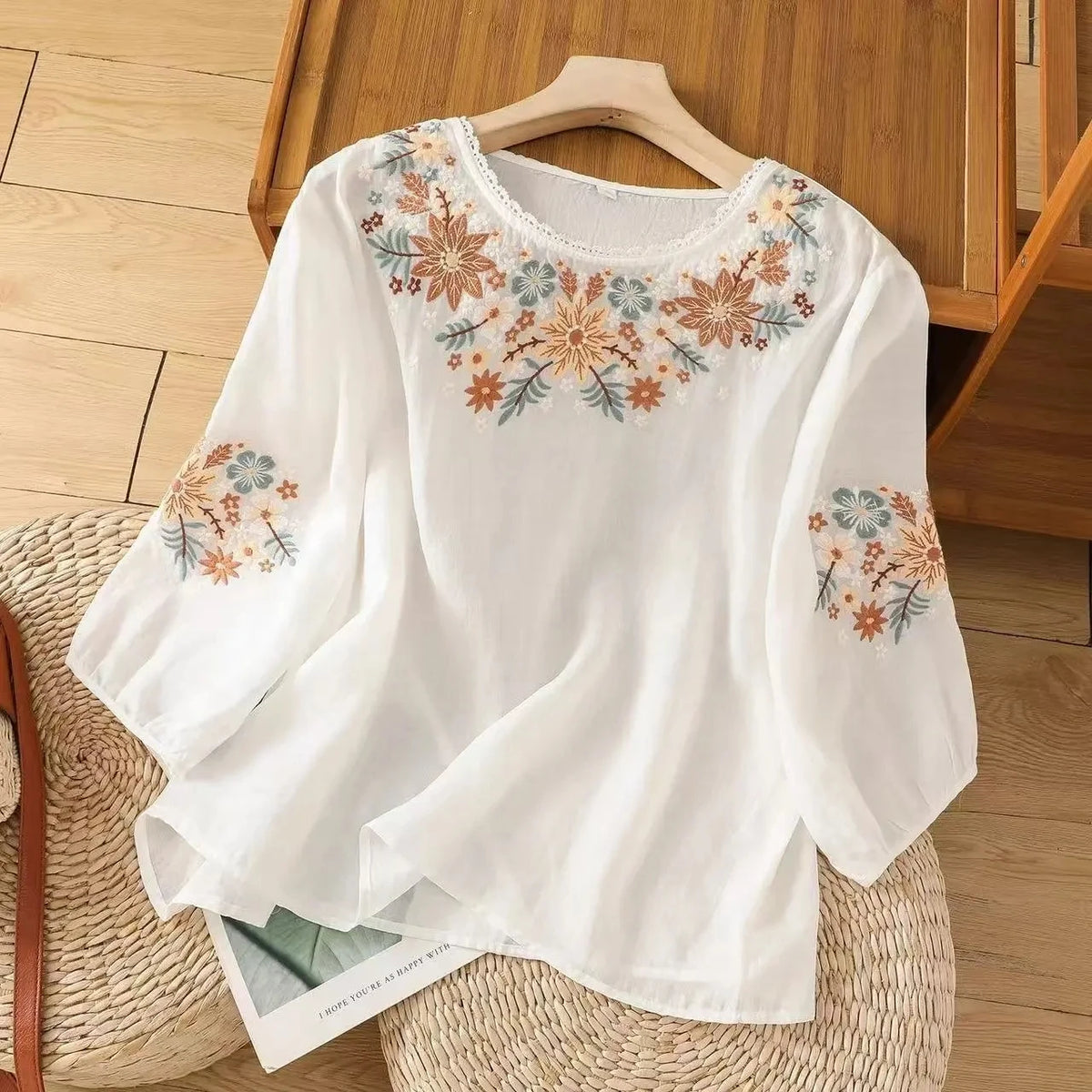 Women's Floral Embroidered Cotton Linen Blouse