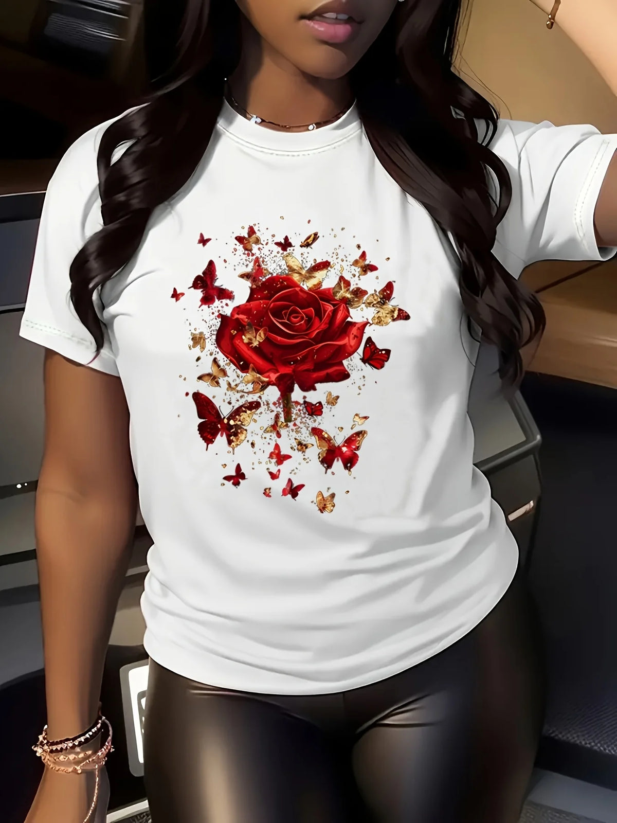 Women'S Floral Rose Butterfly Print T-Shirt