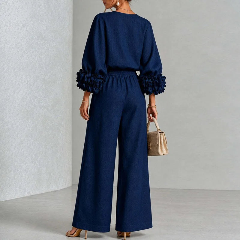 Women 2 Piece Outfit O Neck Puff Long Sleeve Top 3D Floral + Elastic Waist Wide Leg Pants Set