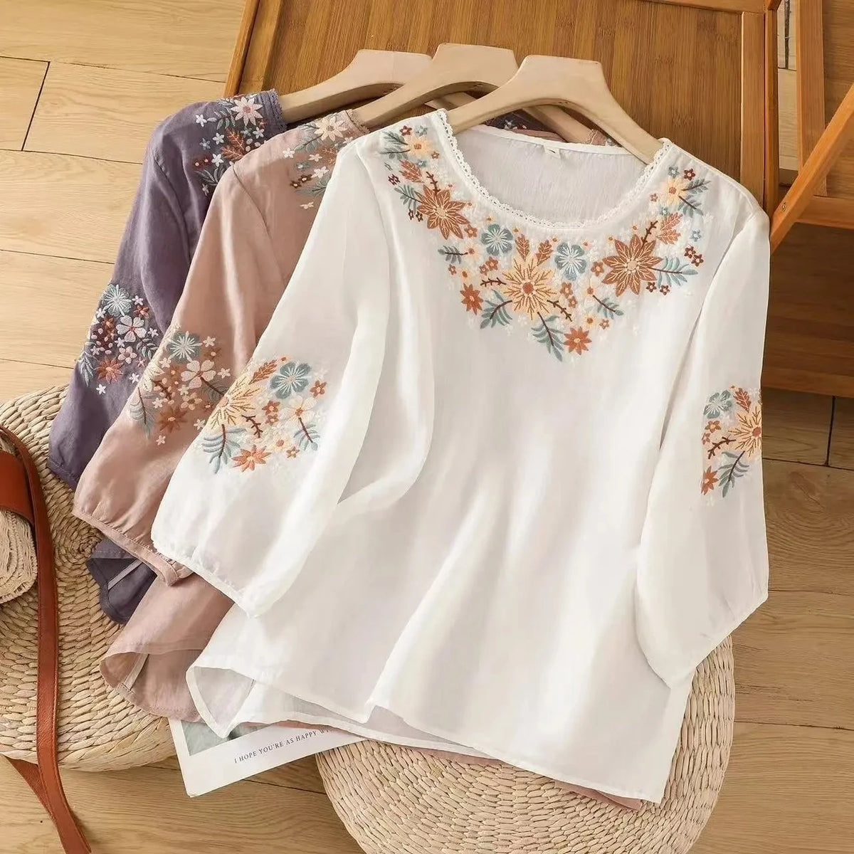 Women's Floral Embroidered Cotton Linen Blouse