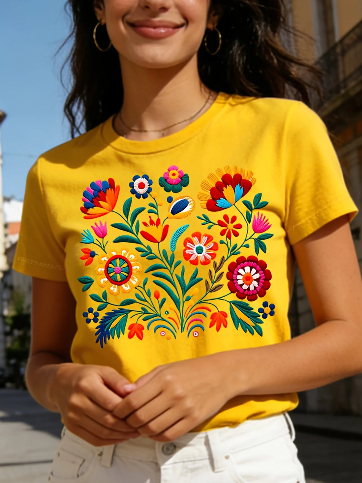 Women's T-shirt Adorned with Mexican Flowers