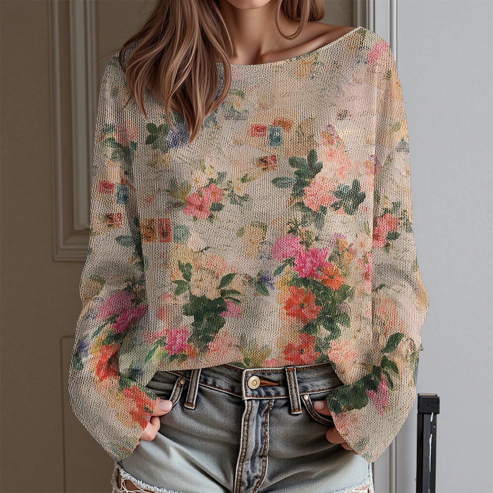 Women's Floral Print Off Shoulder Long Sleeve T-Shirt