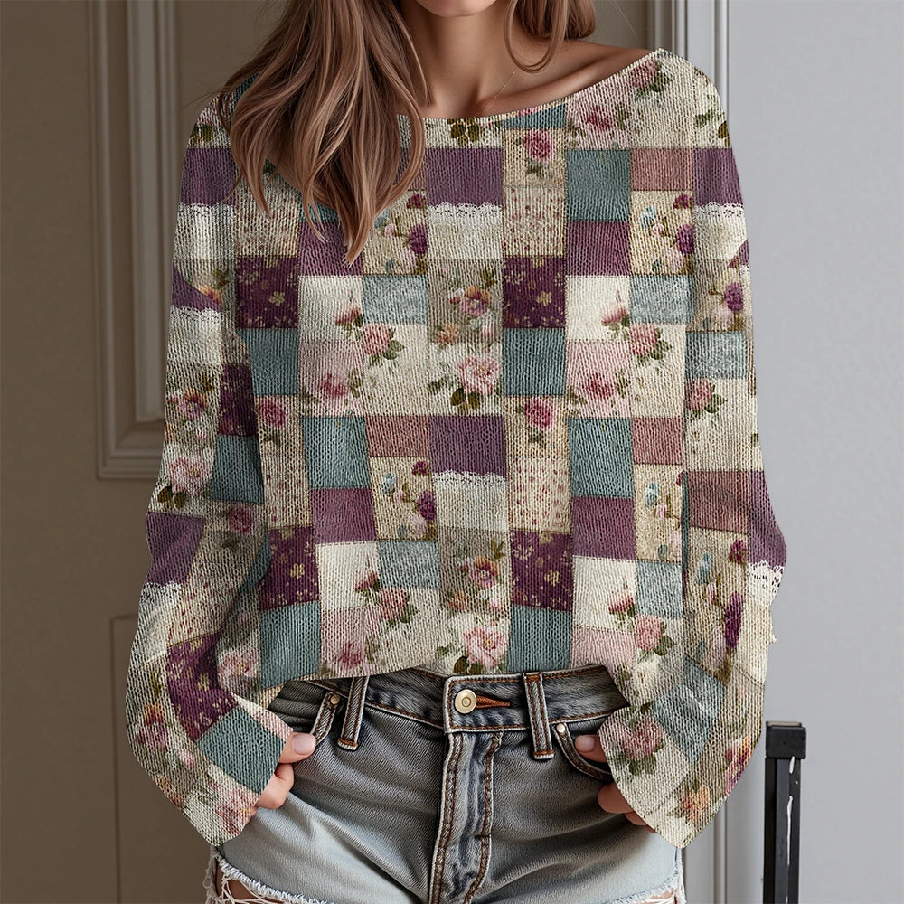 Women's Floral Print Off Shoulder Long Sleeve T-Shirt