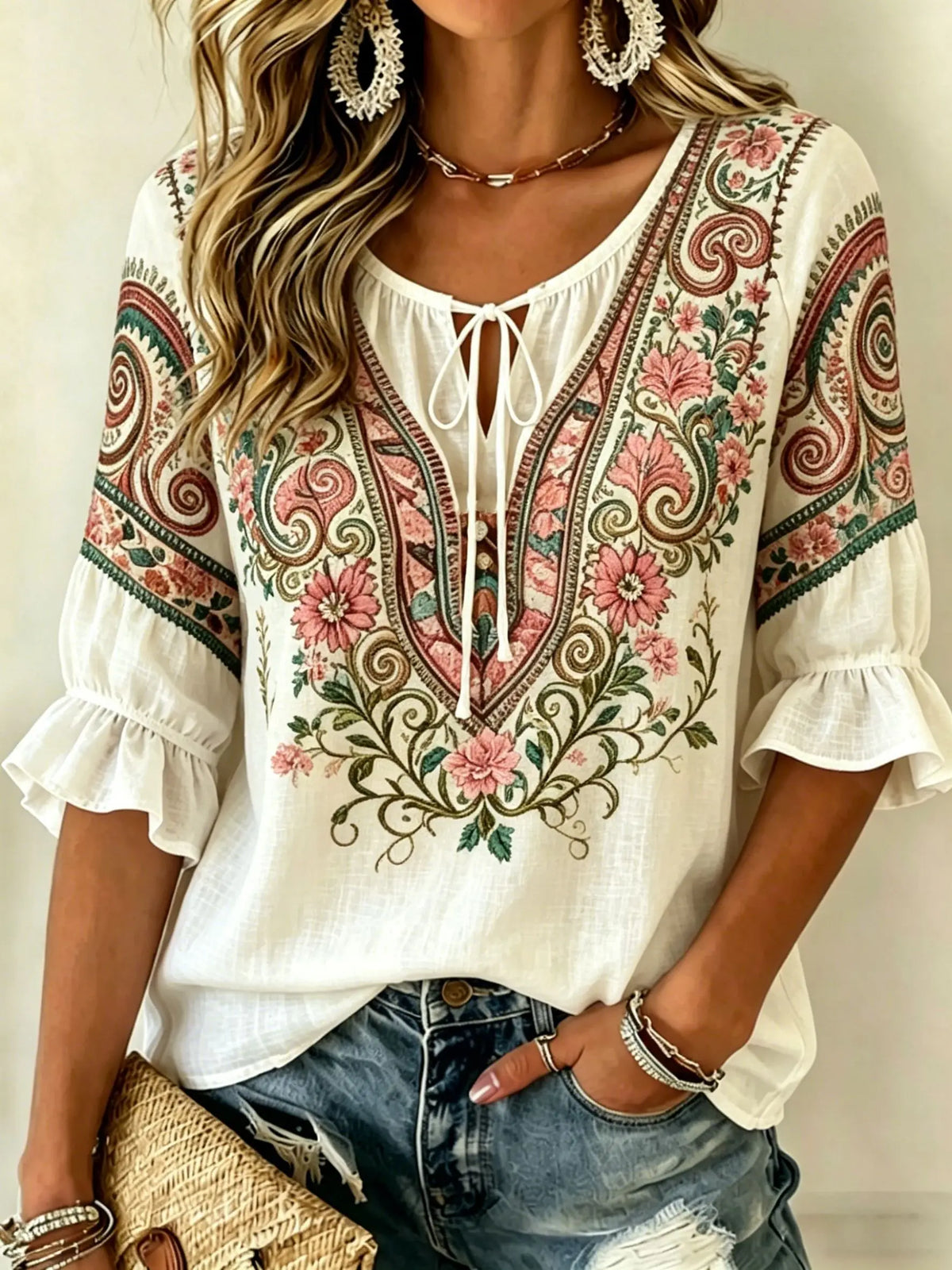 Women's White Floral & Paisley Print Tie Neck Blouse