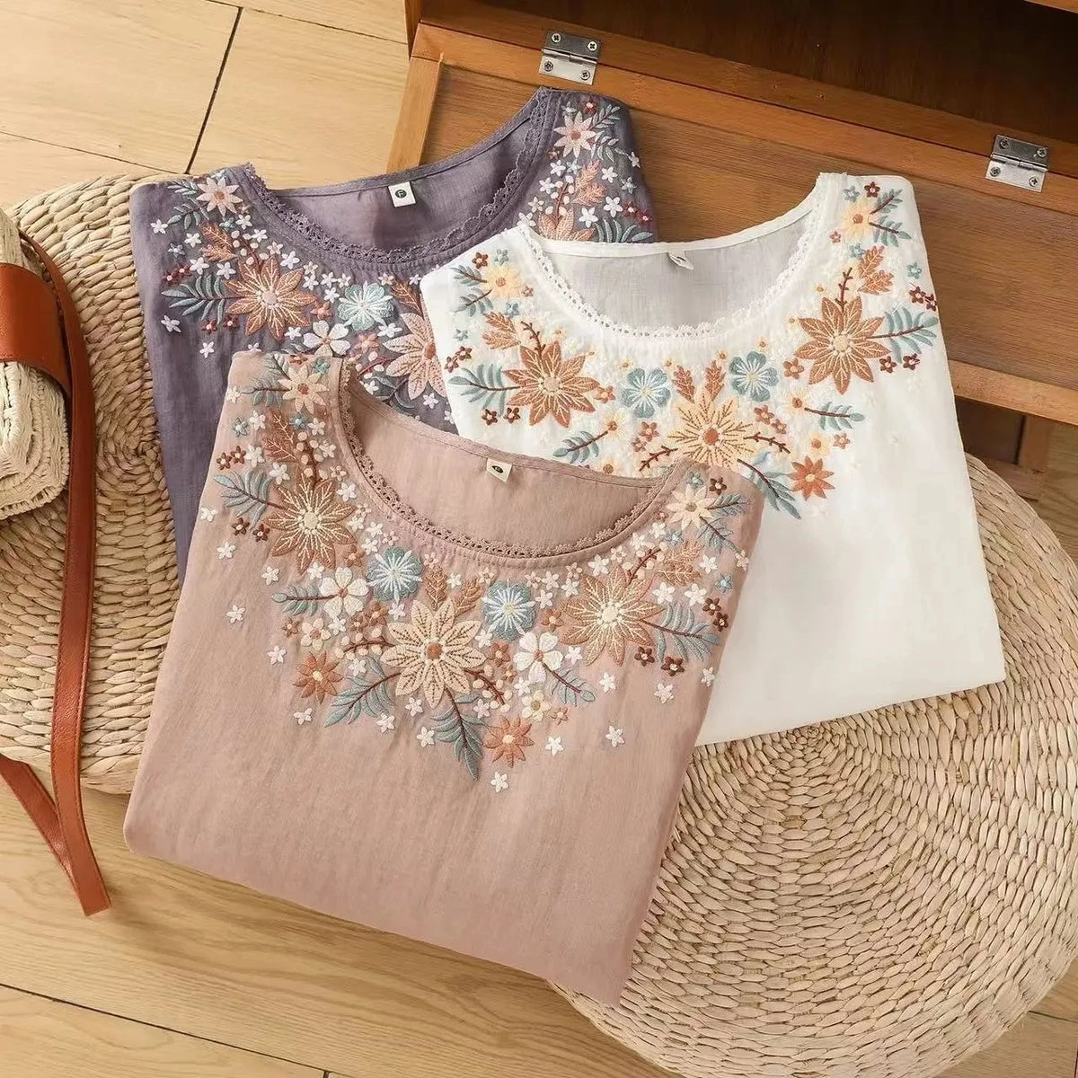 Women's Floral Embroidered Cotton Linen Blouse