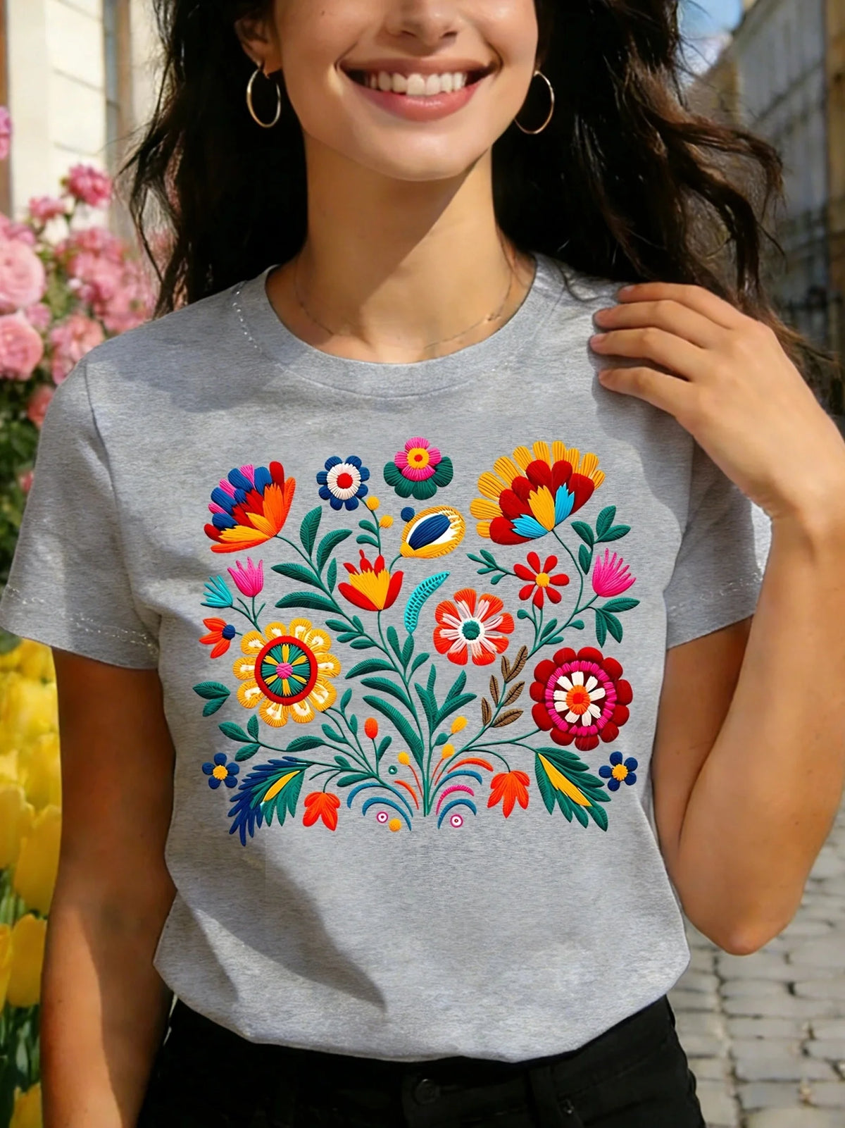 Women's T-shirt Adorned with Mexican Flowers