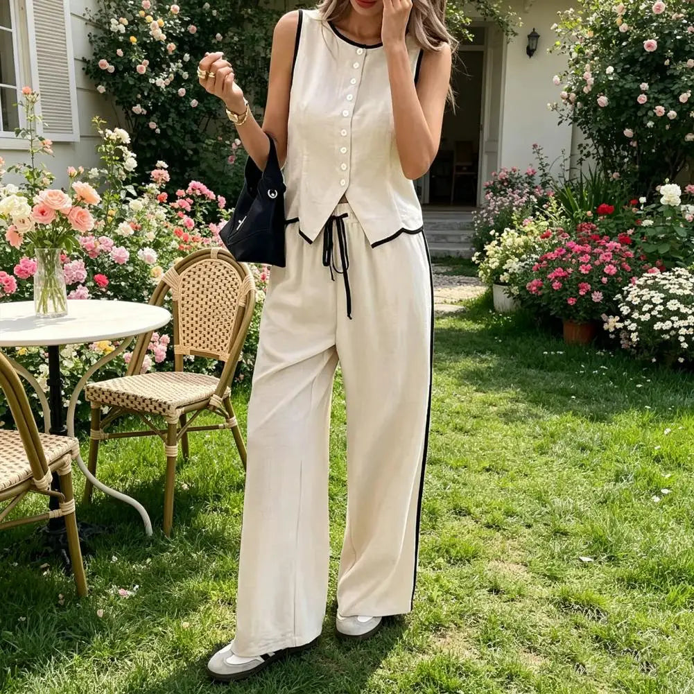 Women Summer 2 Piece Outfits Sleeveless Button Down Vest Wide Leg Pants