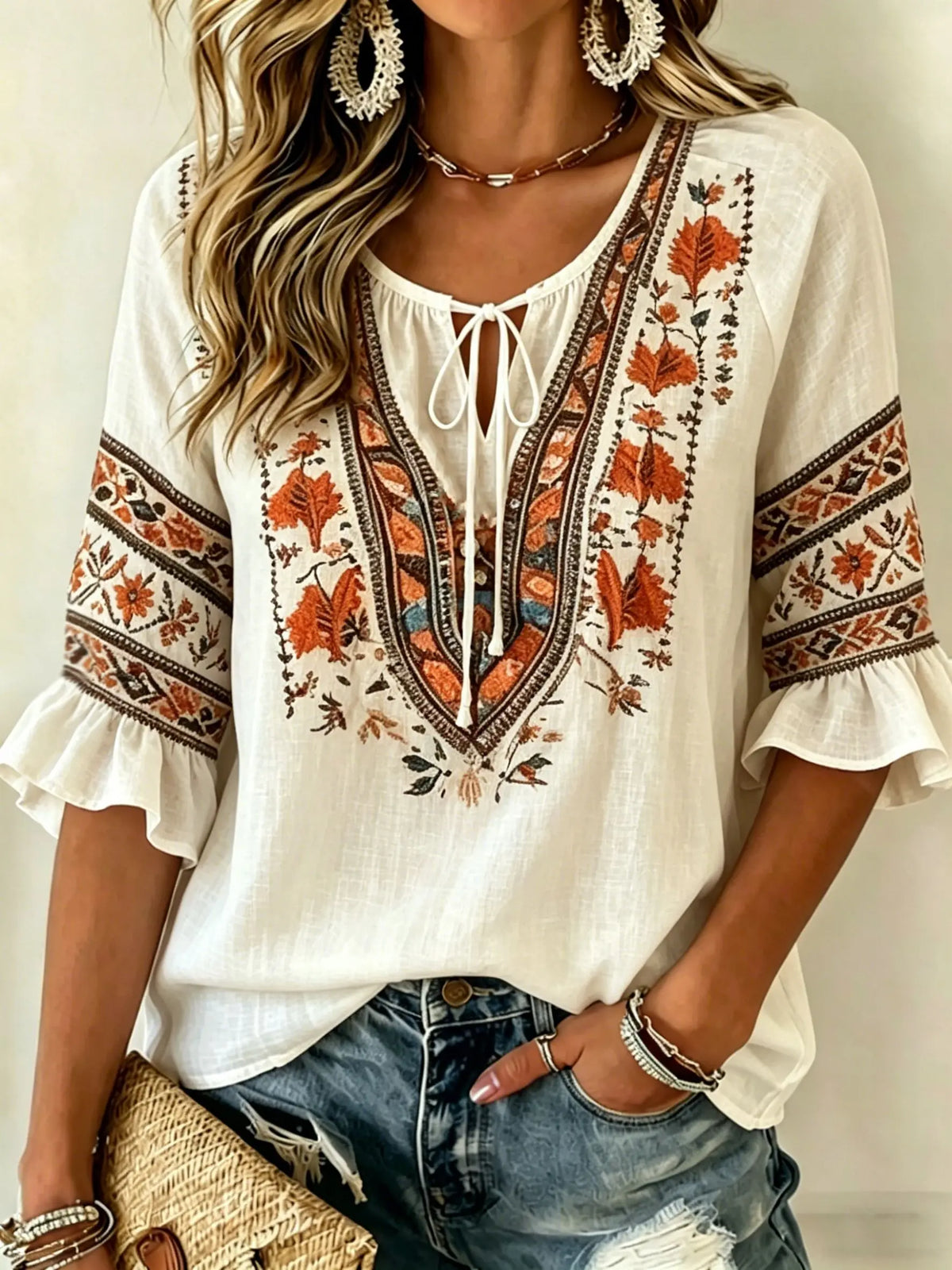 Women's White Floral & Paisley Print Tie Neck Blouse