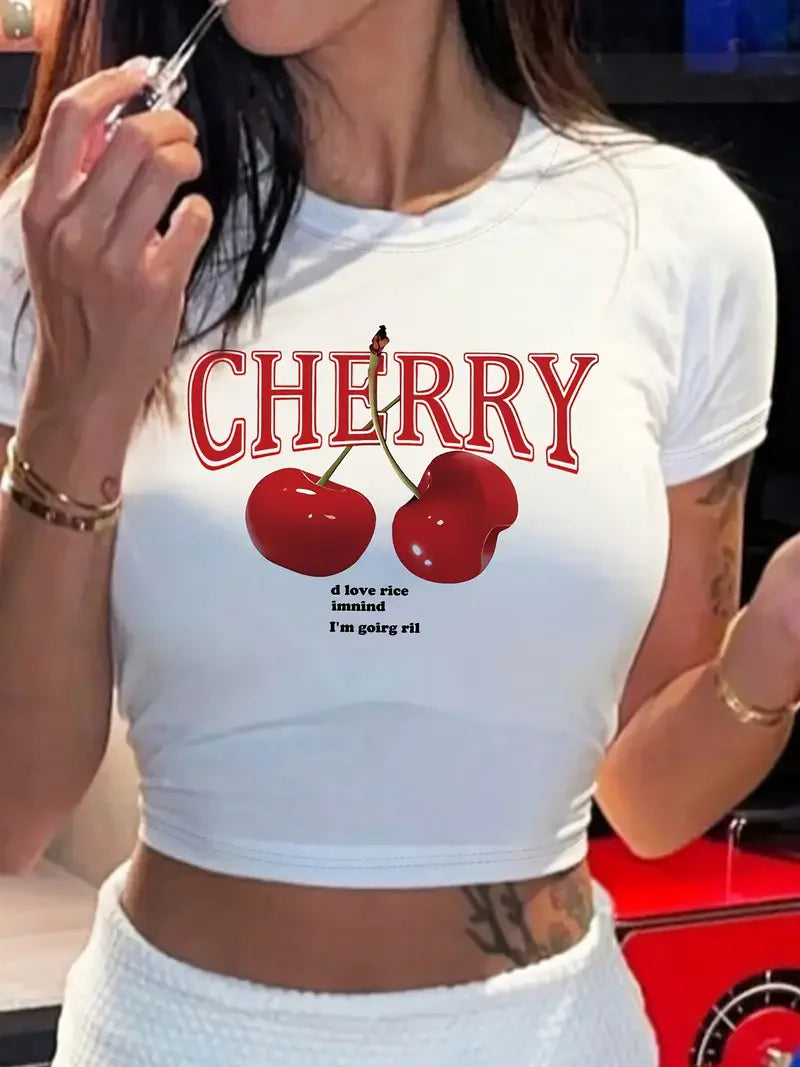 Fashion Cherry Print Crew Neck T-shirt
