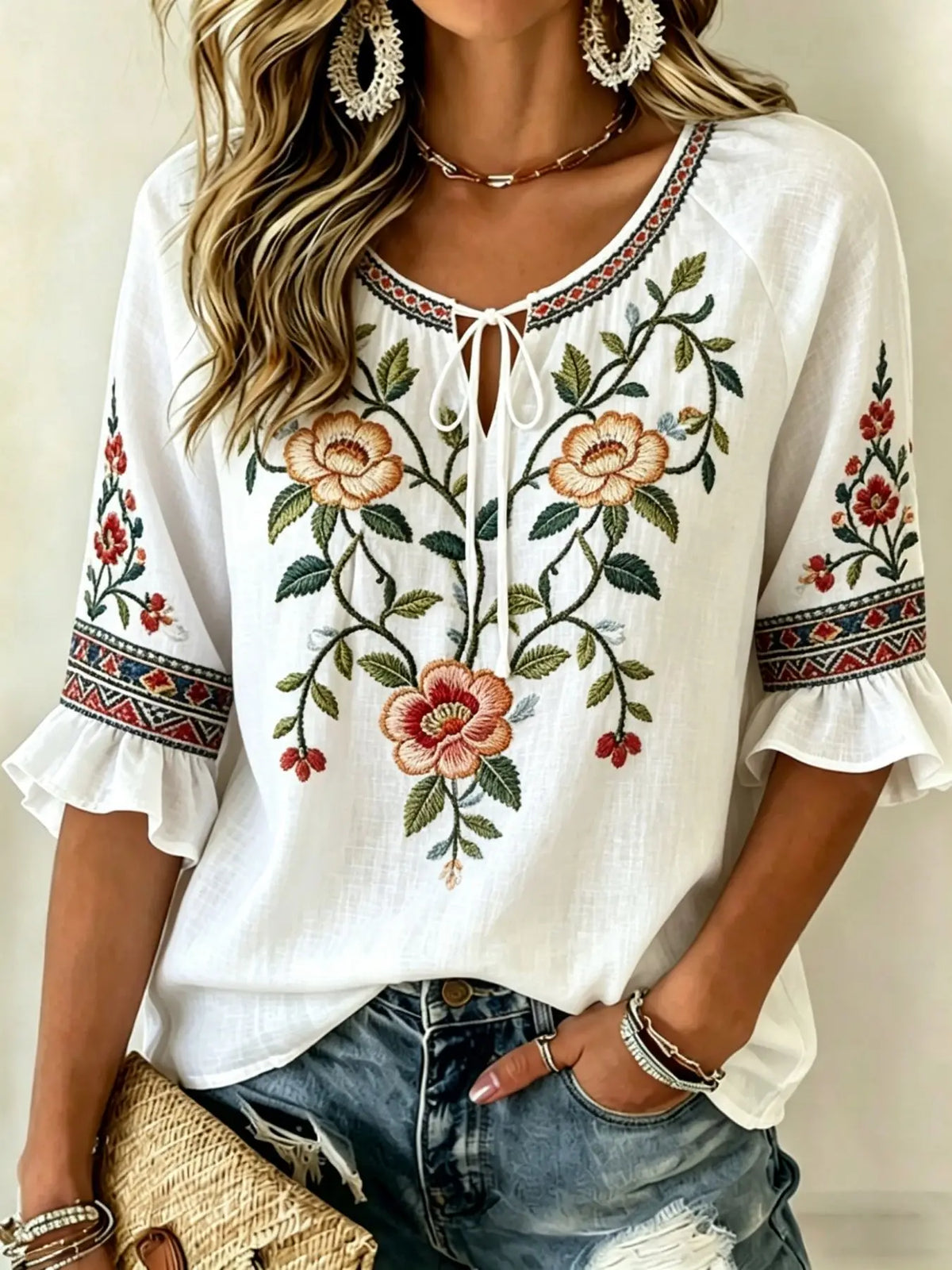 Women's White Floral & Paisley Print Tie Neck Blouse