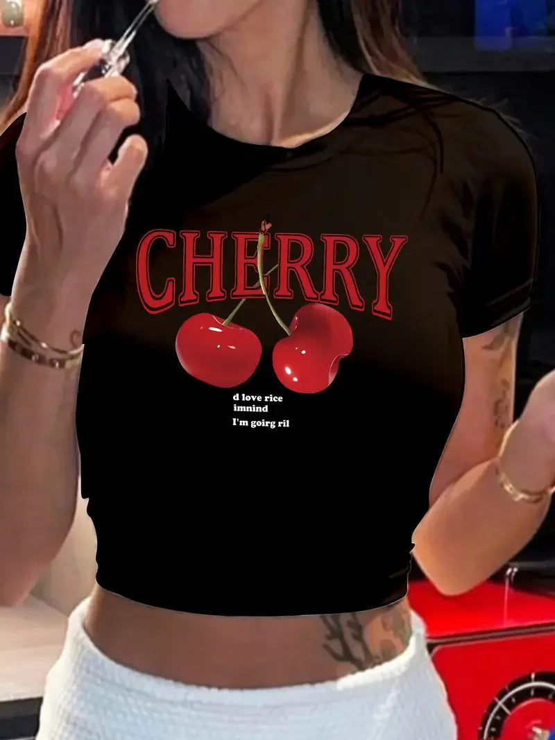 Fashion Cherry Print Crew Neck T-shirt