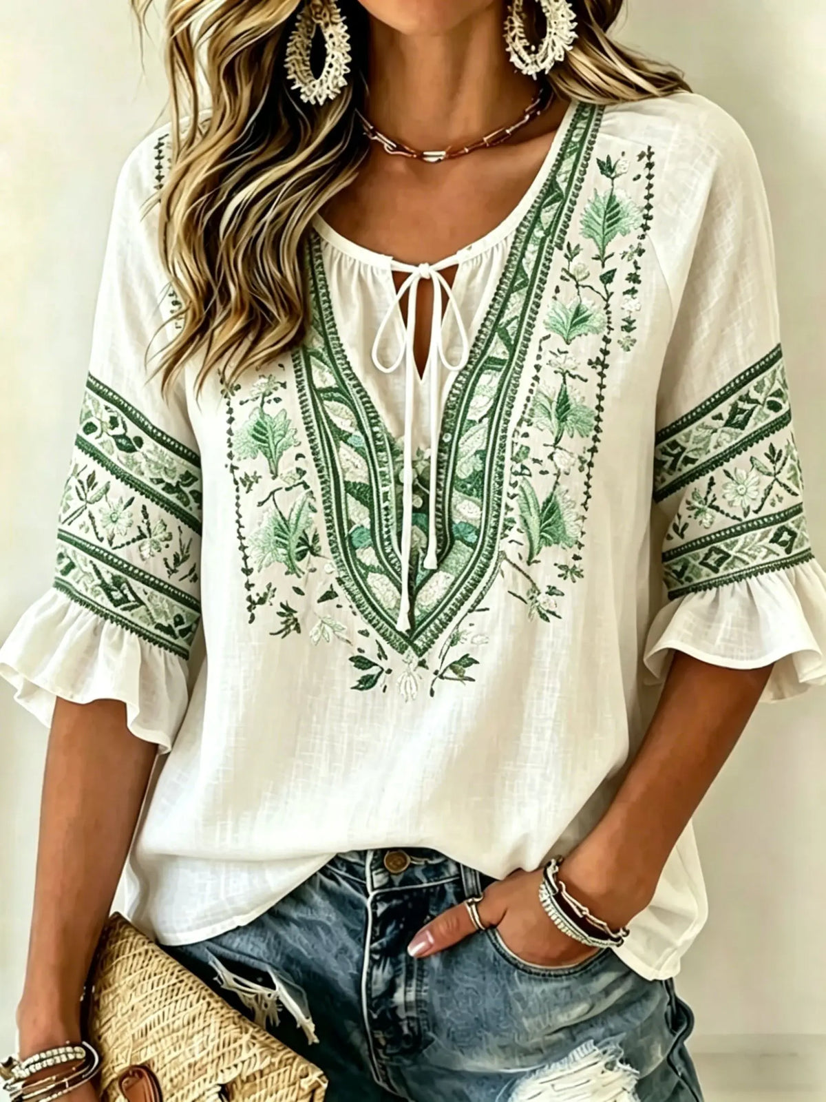 Women's White Floral & Paisley Print Tie Neck Blouse